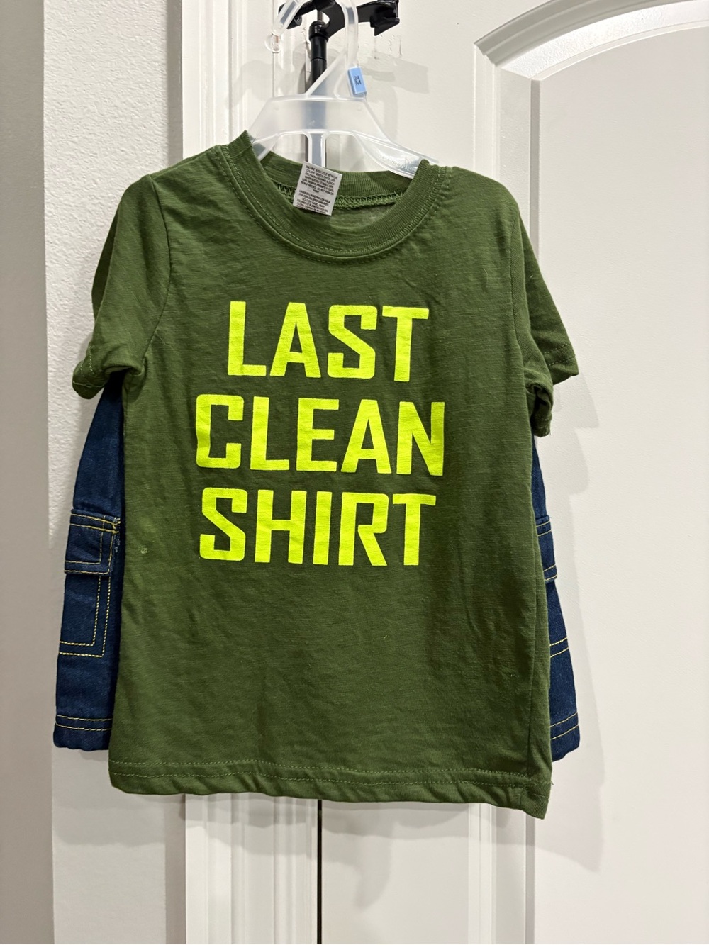 Swiggles green tshirt “Last Clean Shirt” and  Jean short set boys 24m nwot